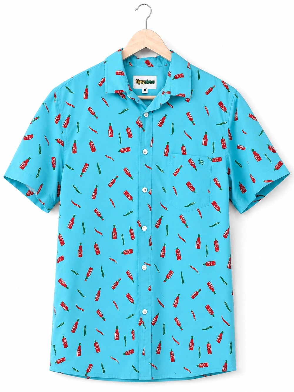 Tipsy Elves Hot Sauce Mens S Shirt Blue Red Graphic‎ Button Down Hawaiian Party